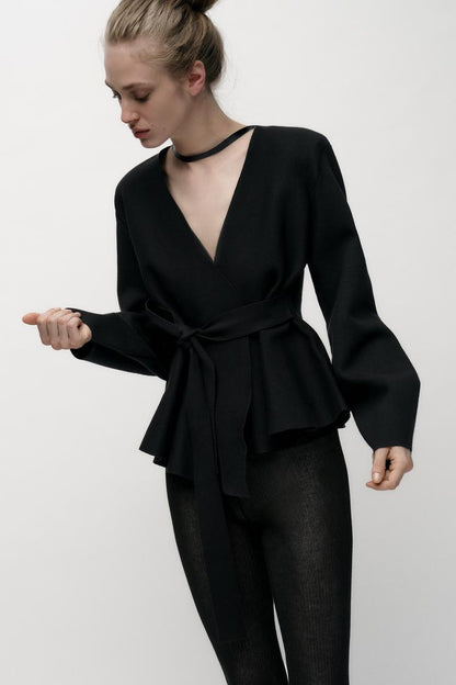 Melangé- Blazer mit Gürtel