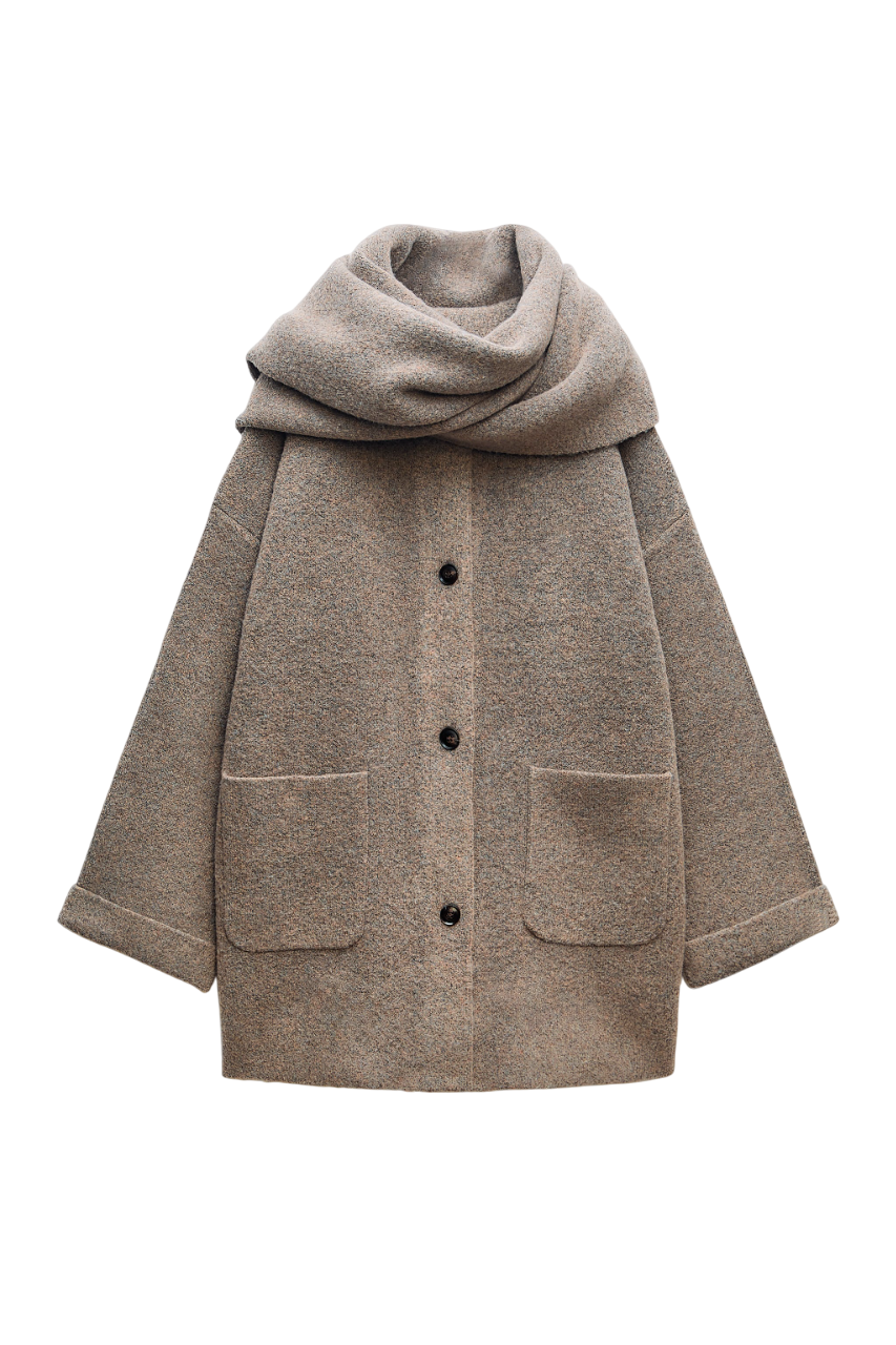 Melangé- Strickmantel mit Schal