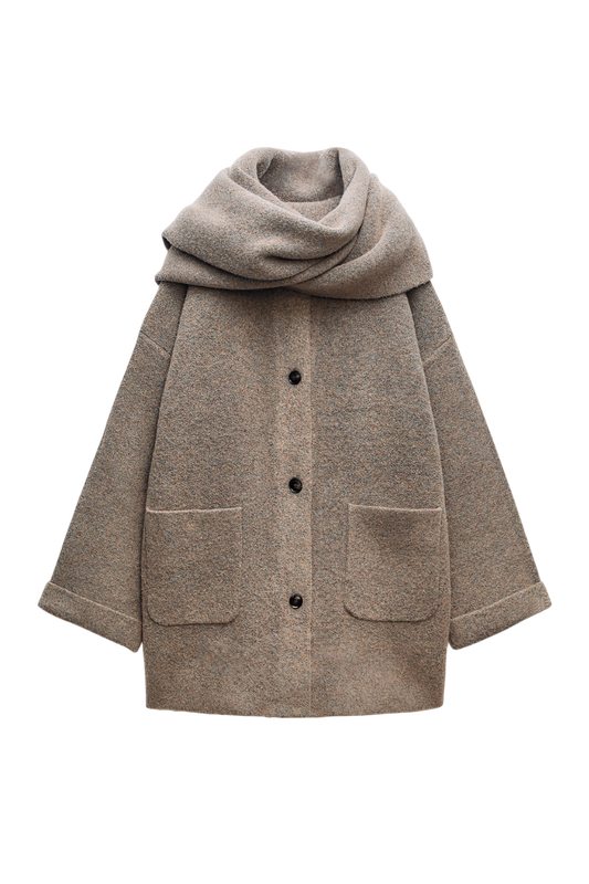 Melangé- Strickmantel mit Schal