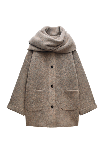 Melangé- Strickmantel mit Schal