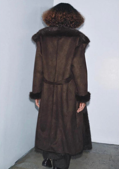 Melangé- Mantel mit Fell