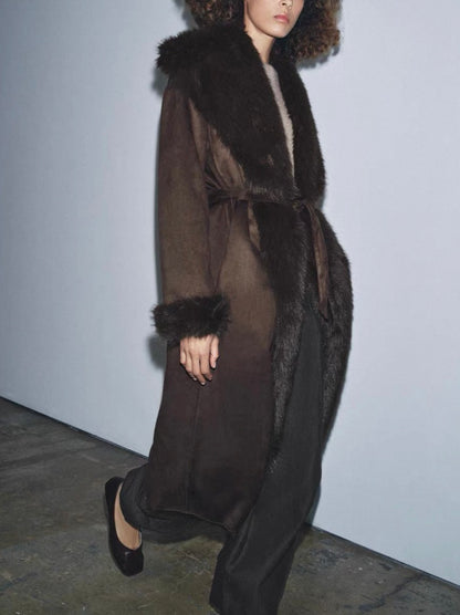 Melangé- Mantel mit Fell