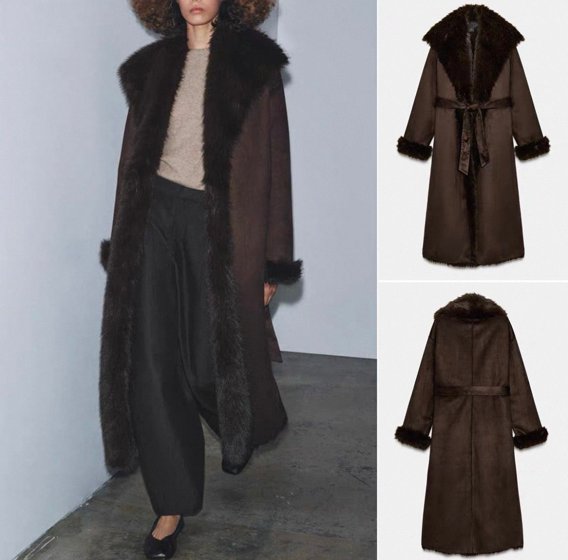 Melangé- Mantel mit Fell