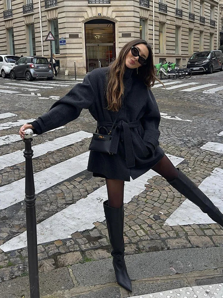 Melangé-  Stehkragen Kurzmantel