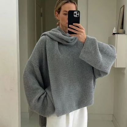 Melangé- Locker Strickpullover mit Schal