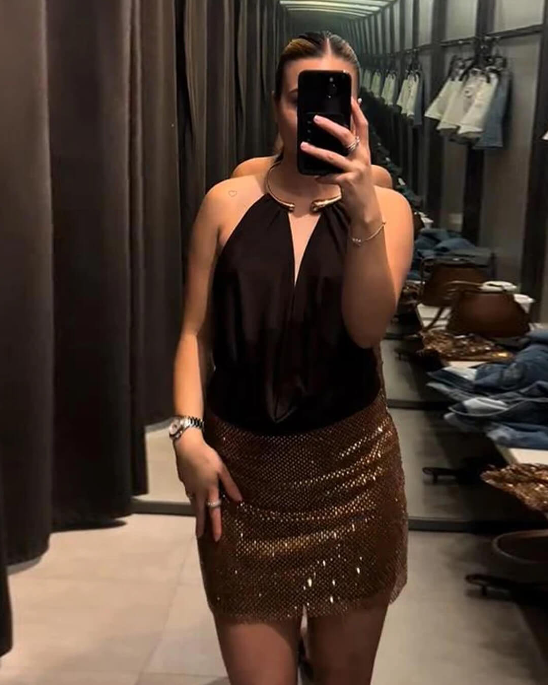 Melangé- Rückenfreier Drapierter Body