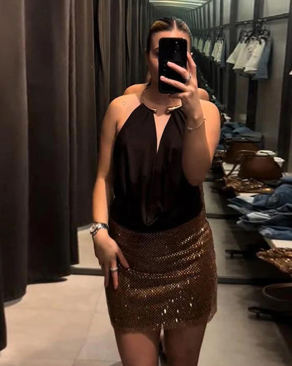 Melangé- Rückenfreier Drapierter Body