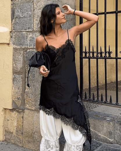 Melangé- Arah Asymmetrisches Satin-Spitzen-Midikleid