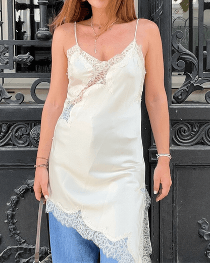 Melangé- Arah Asymmetrisches Satin-Spitzen-Midikleid