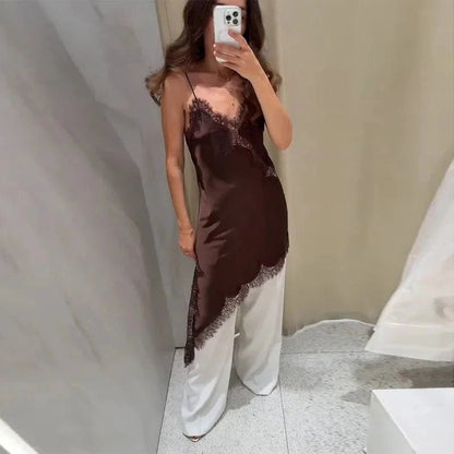 Melangé- Arah Asymmetrisches Satin-Spitzen-Midikleid