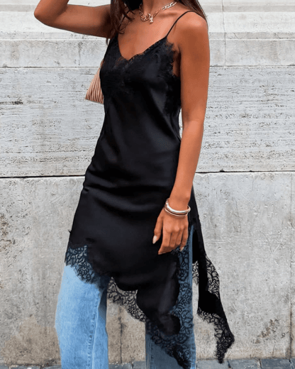 Melangé- Arah Asymmetrisches Satin-Spitzen-Midikleid