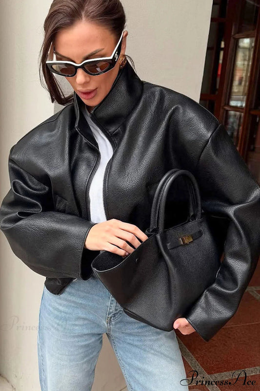 Melangé- Lederjacke mit Reißverschluss