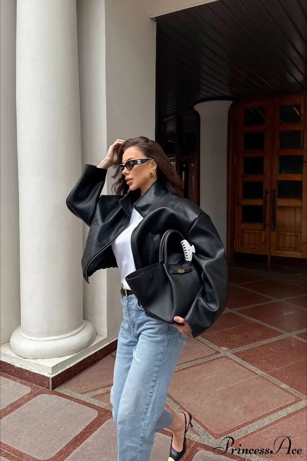 Melangé- Lederjacke mit Reißverschluss